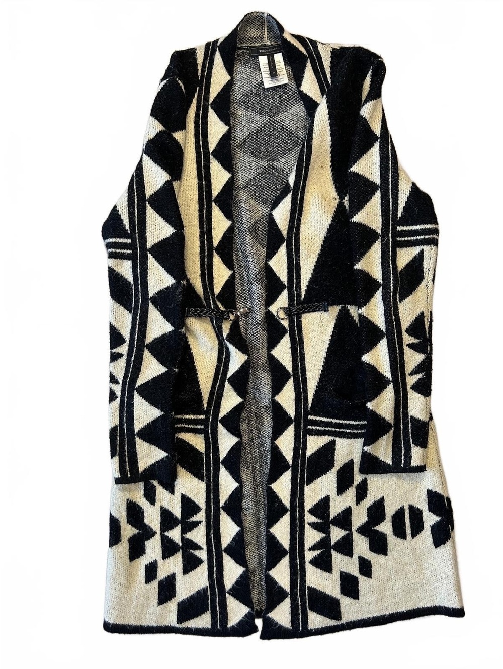 BCBG Max Azria Aztec Geometric Black Cream Knit Open-Front Cardigan Coat Size M